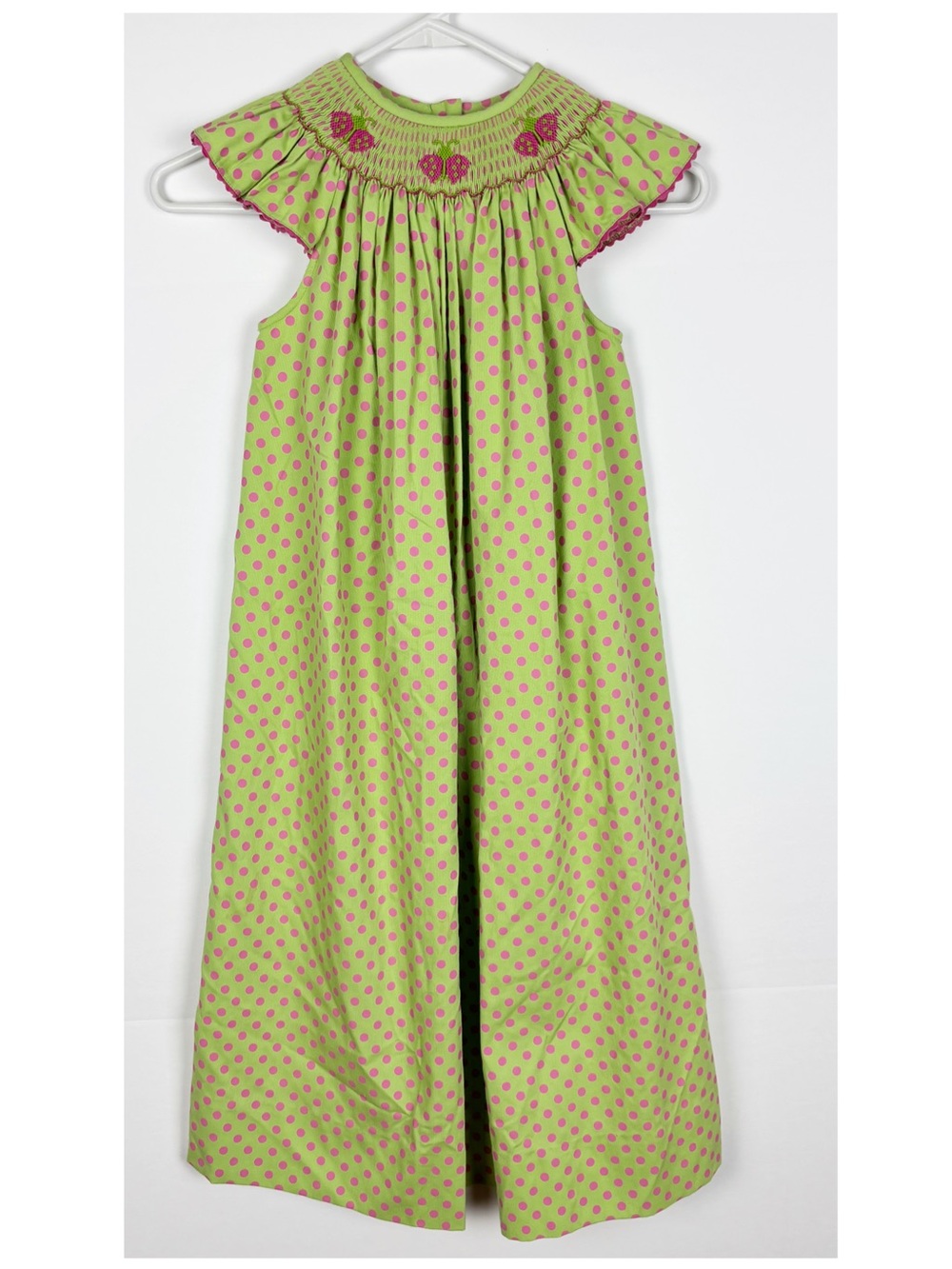 Amanda Remembered Smocked Butterfly Green Pink Polka Dot Dress Girls Size 6X